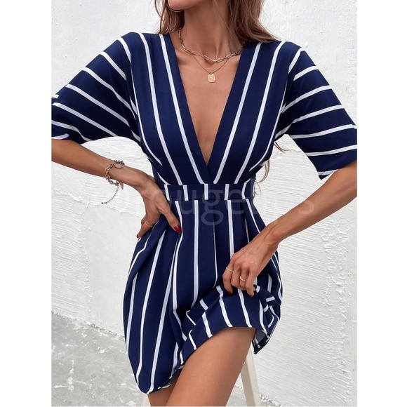 Striped White on Navy Blue Plunging V-Neck Mini Dress Batwing Sleeve - Picture 7 of 10